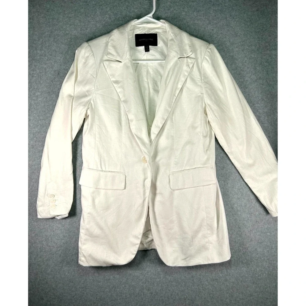 Banana Republic Blazer Jacket Womens 4 Petite White Linen Cotton Single Breasted